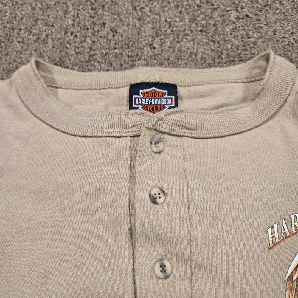 VTG Harley Davidson Henley Mens XXL Tan Graphic Eagle Long Sleeve USA Made 90s - Picture 3 of 10